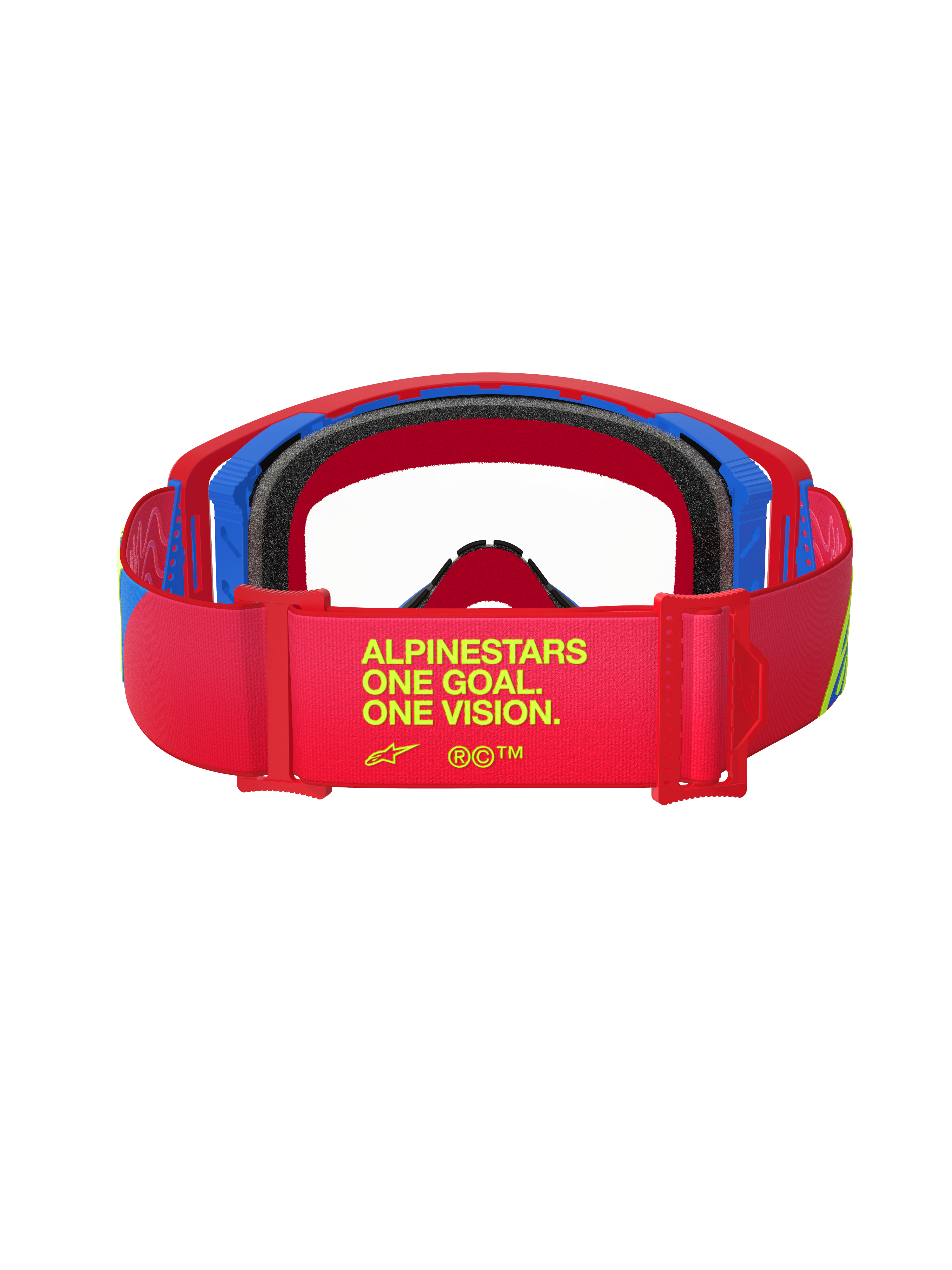 Alpinestars Supertech Corp Goggles, Red and Blue, rear view showing the strap with yellow text 'ALPINESTARS ONE GOAL. ONE VISION.', black face foam, off-road motocross eyewear