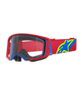 Alpinestars Supertech Corp Goggles, Motocross Goggles, Red and Blue with Clear Lens, featuring a red adjustable strap with a large blue and lime green star logo, multi-layer face foam for comfort, high-performance eye protection for off-road racing