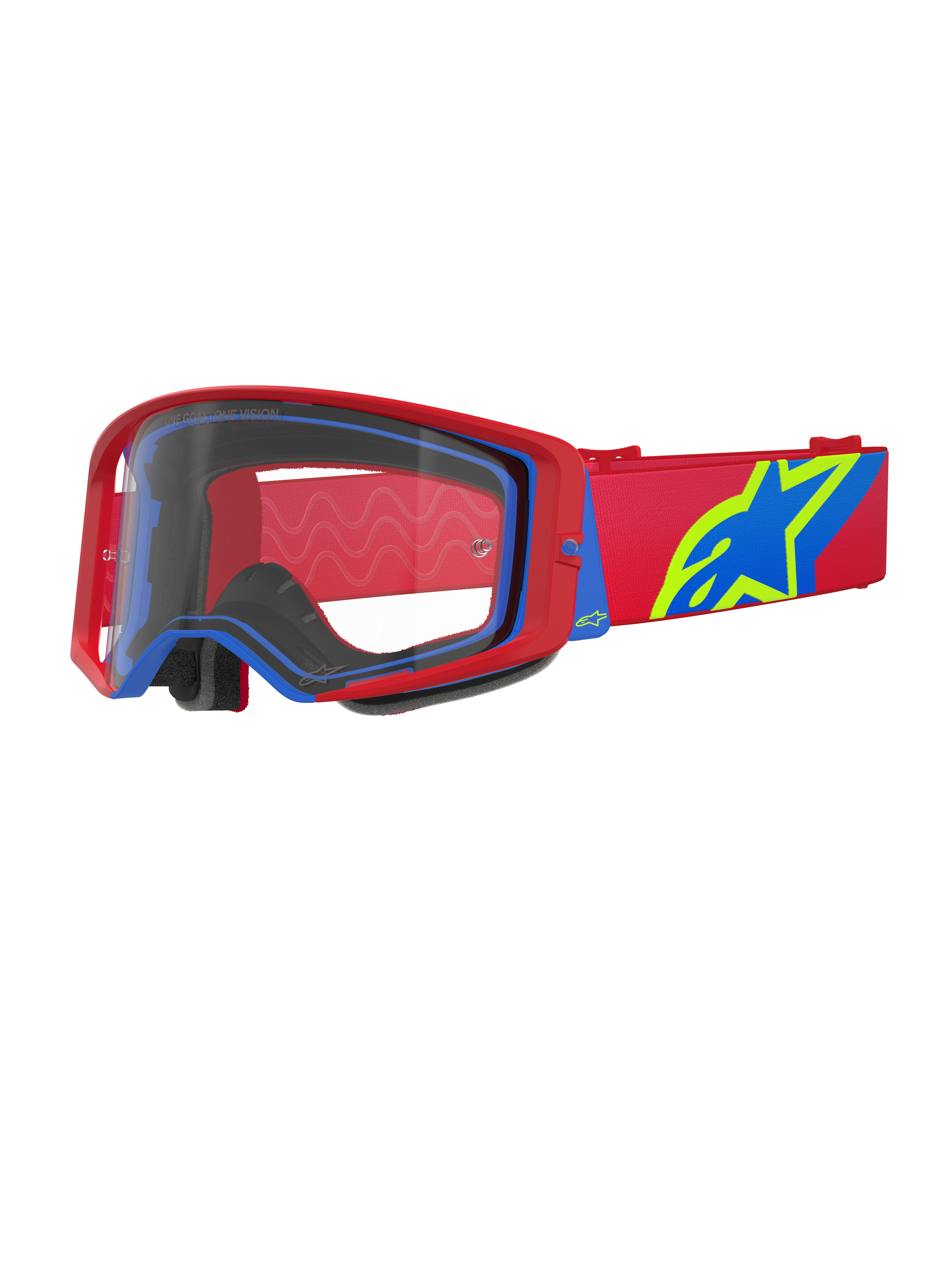 Alpinestars Supertech Corp Goggles, Motocross Goggles, Red and Blue with Clear Lens, featuring a red adjustable strap with a large blue and lime green star logo, multi-layer face foam for comfort, high-performance eye protection for off-road racing
