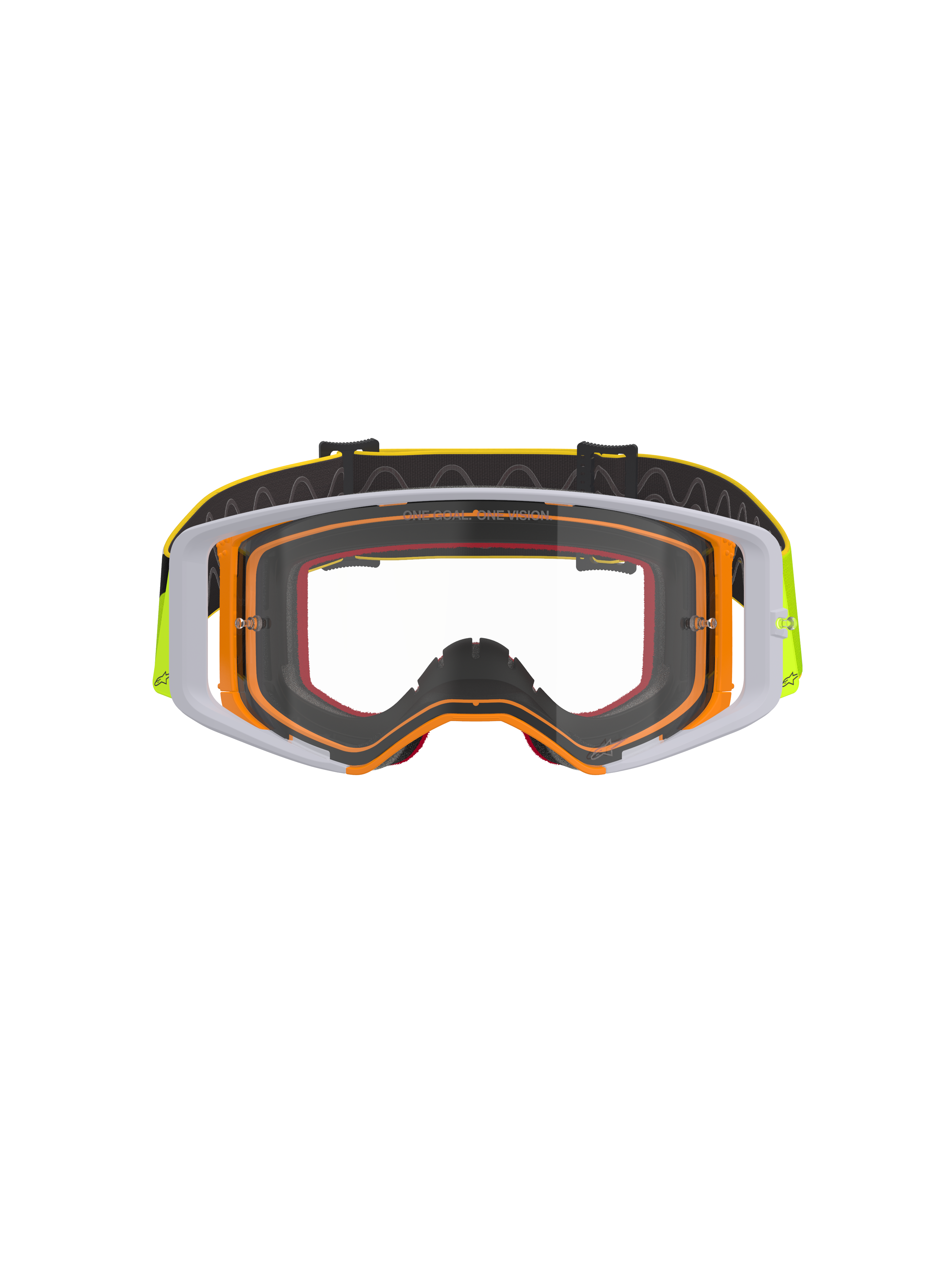 Alpinestars Supertech Corp Goggles, Motocross Goggles, Fluo Yellow and White frame with Clear Lens, grey accents, black adjustable strap with yellow branding and internal silicone grip, high-performance eyewear for off-road racing.