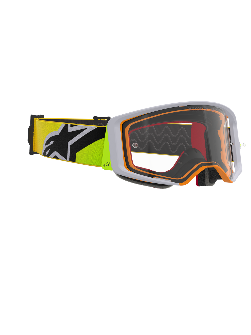 Alpinestars Supertech Corp Goggles, Motocross Goggles, Fluo Yellow and Grey, clear lens with orange frame accents, featuring a fluo yellow strap with a black Alpinestars logo for off-road racing.