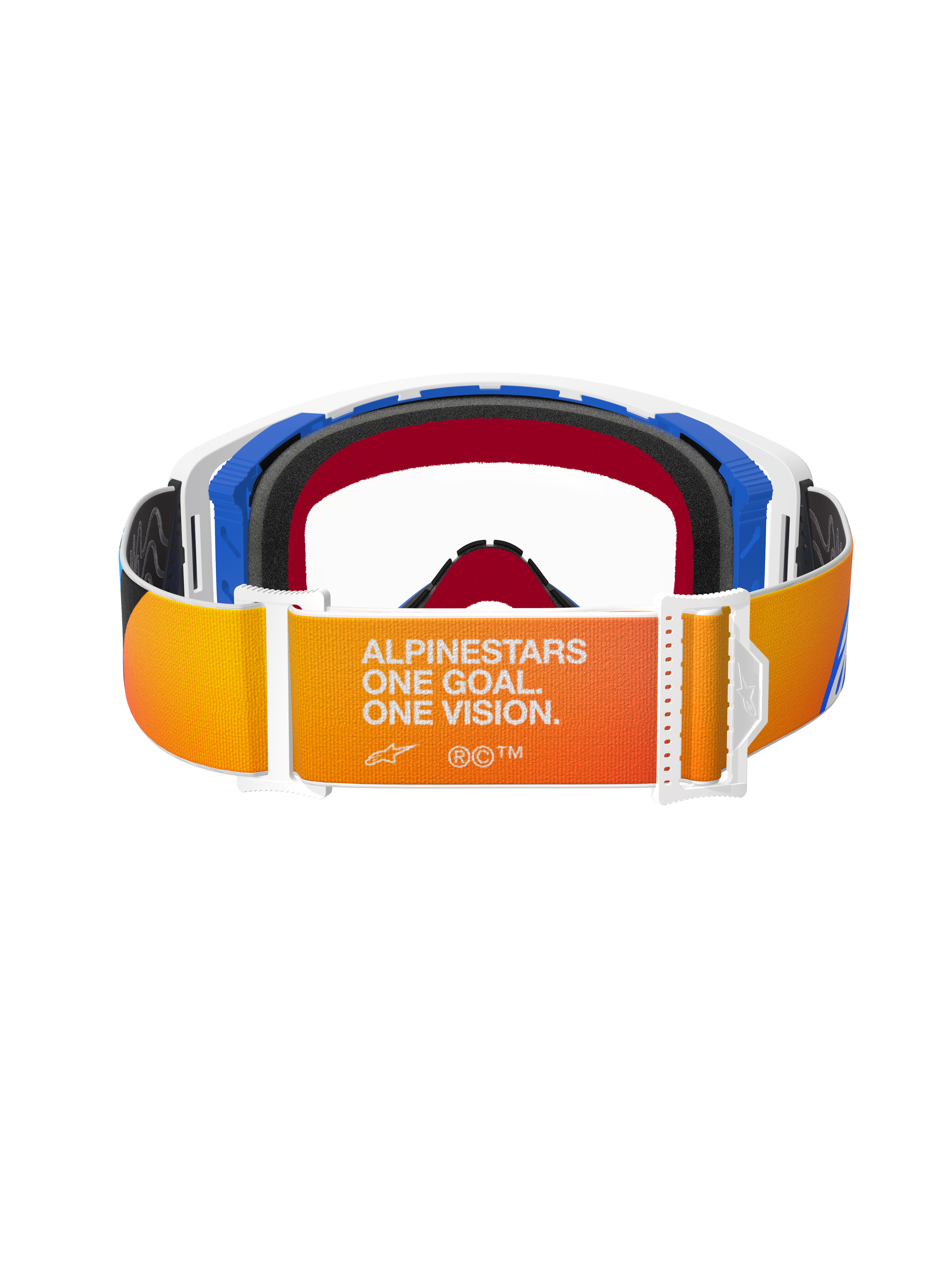 Alpinestars Supertech Corp Goggles, motocrossglasögon, Blue Orange Clear, vy bakifrån som visar rem med orange och gul färgövergång, vit text 'ALPINESTARS ONE GOAL. ONE VISION.', vita spännen och blå detaljer på ramen.