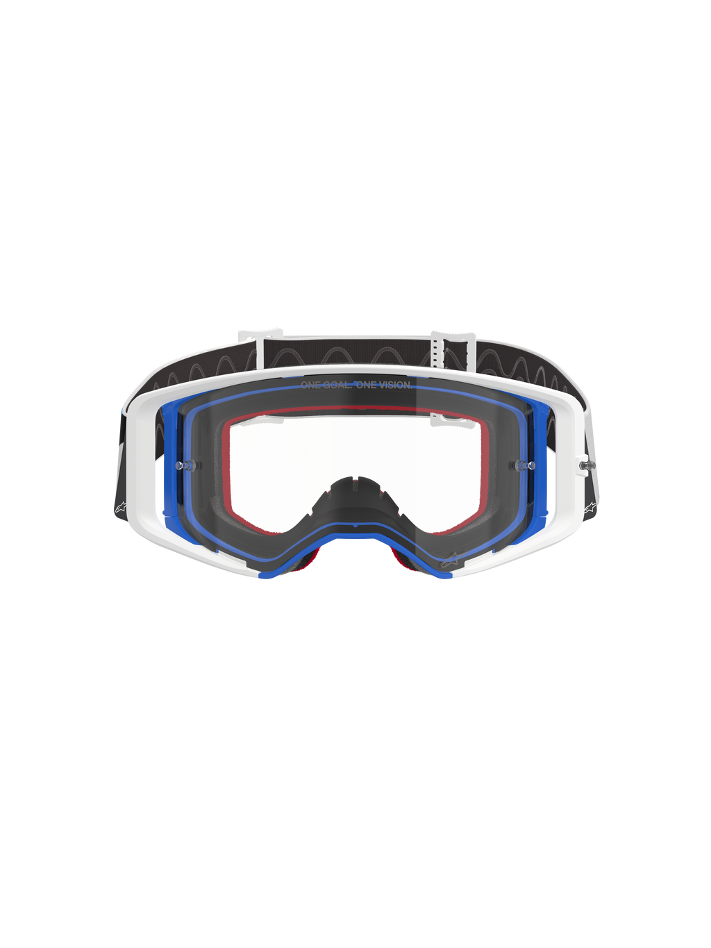 Alpinestars Supertech Corp Goggles, motocrossglasögon, blå, vita och orangea med klar lins, svart rem med vit logotyp, professionella glasögon för terrängkörning med brett synfält och dubbelinsprutad ramdesign