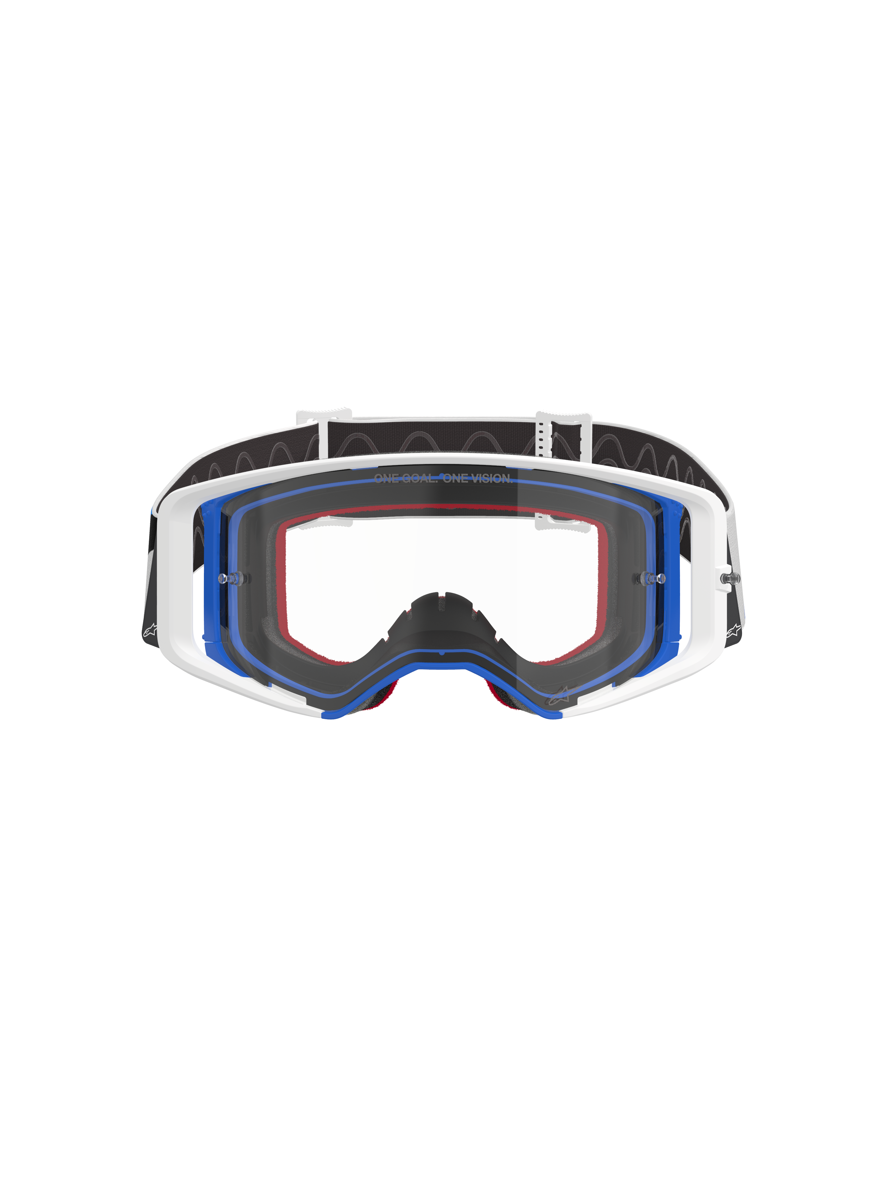 Alpinestars Supertech Corp Goggles, motocrossglasögon, blå, vita och orangea med klar lins, svart rem med vit logotyp, professionella glasögon för terrängkörning med brett synfält och dubbelinsprutad ramdesign