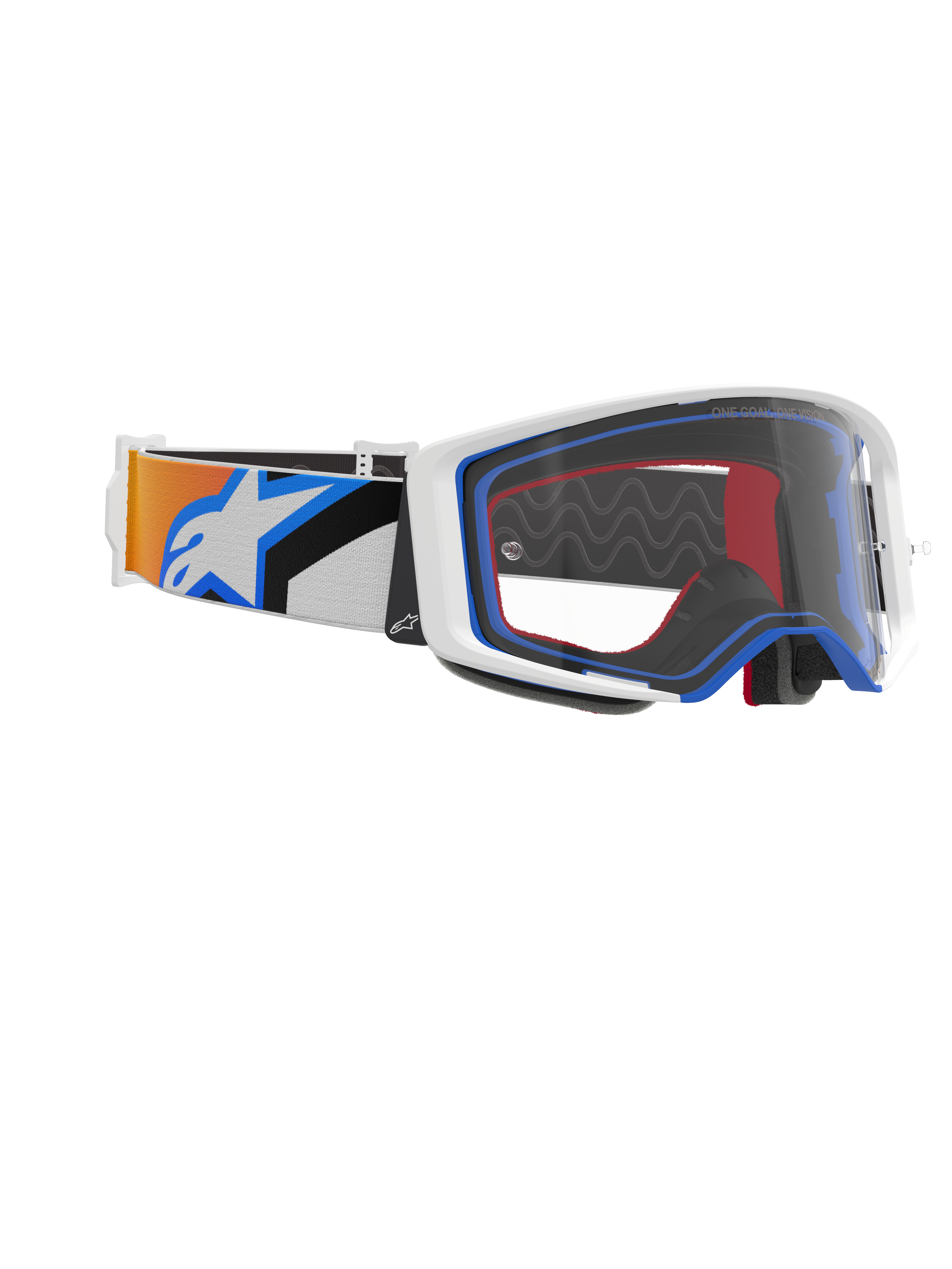 Alpinestars Supertech Corp Goggles, motocrossglasögon, blå, orange och klar, sidovy som visar klar lins, vit ram med blå och röda detaljer och bred rem med orange och blå grafik samt stor vit Alpinestars-logotyp.