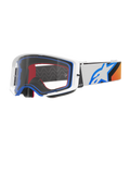 Alpinestars Supertech Corp Goggles, motocrossglasögon, blå, orange och vit, klar lins med vit ram och blå detaljer, bred rem med Alpinestars stjärnlogotyp och silikongrepp, högpresterande skyddsglasögon för terrängkörning