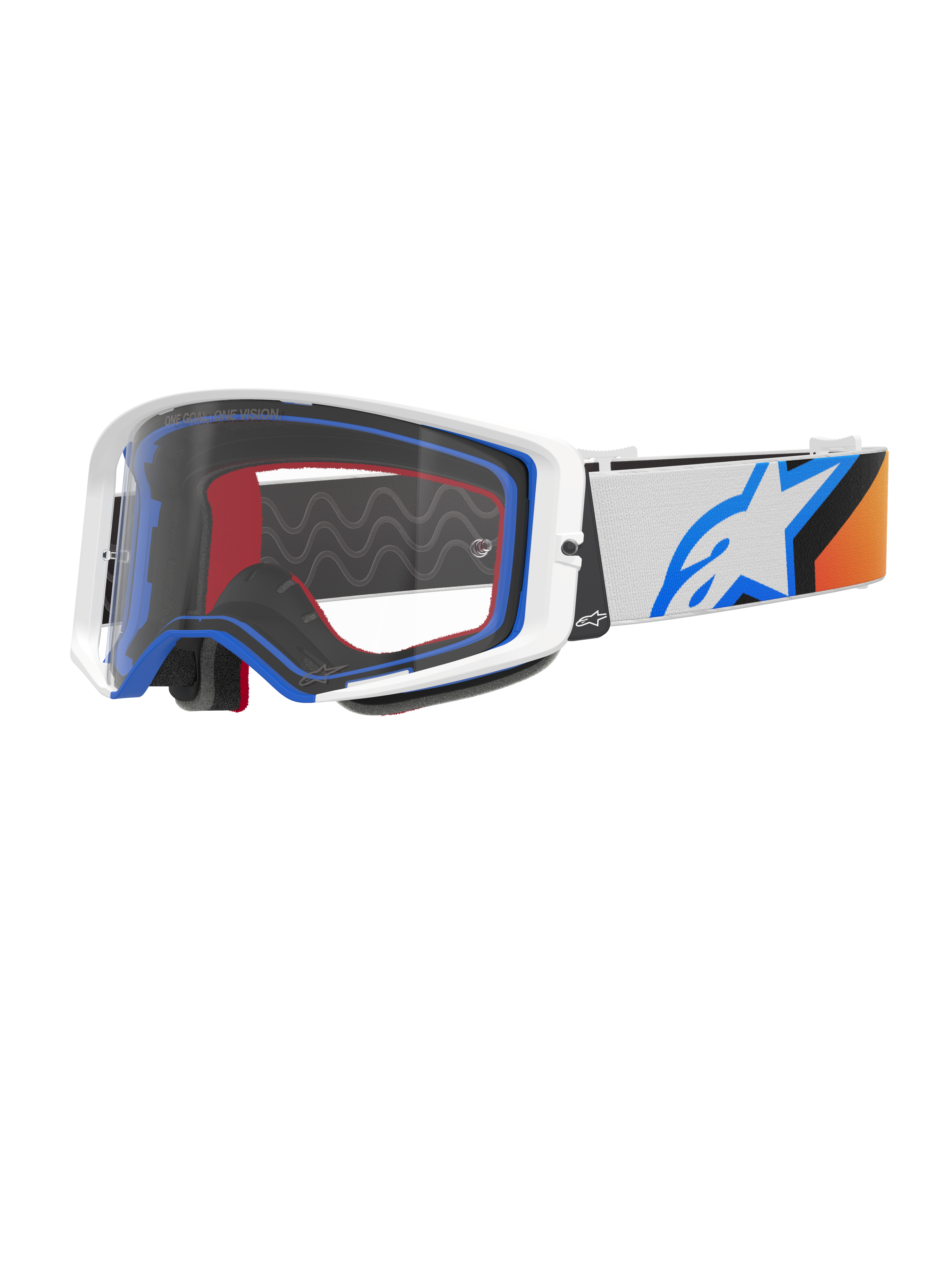 Alpinestars Supertech Corp Goggles, motocrossglasögon, blå, orange och vit, klar lins med vit ram och blå detaljer, bred rem med Alpinestars stjärnlogotyp och silikongrepp, högpresterande skyddsglasögon för terrängkörning