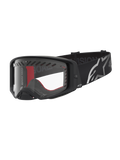 Alpinestars Supertech Dura Air Fluid goggles, svarta och silver motocross-goggles med klar lins och bred logotyprem.