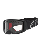 Alpinestars Supertech Dura Air Fluid Goggles for motocross racing, black and silver with clear lens and wide logo strap.