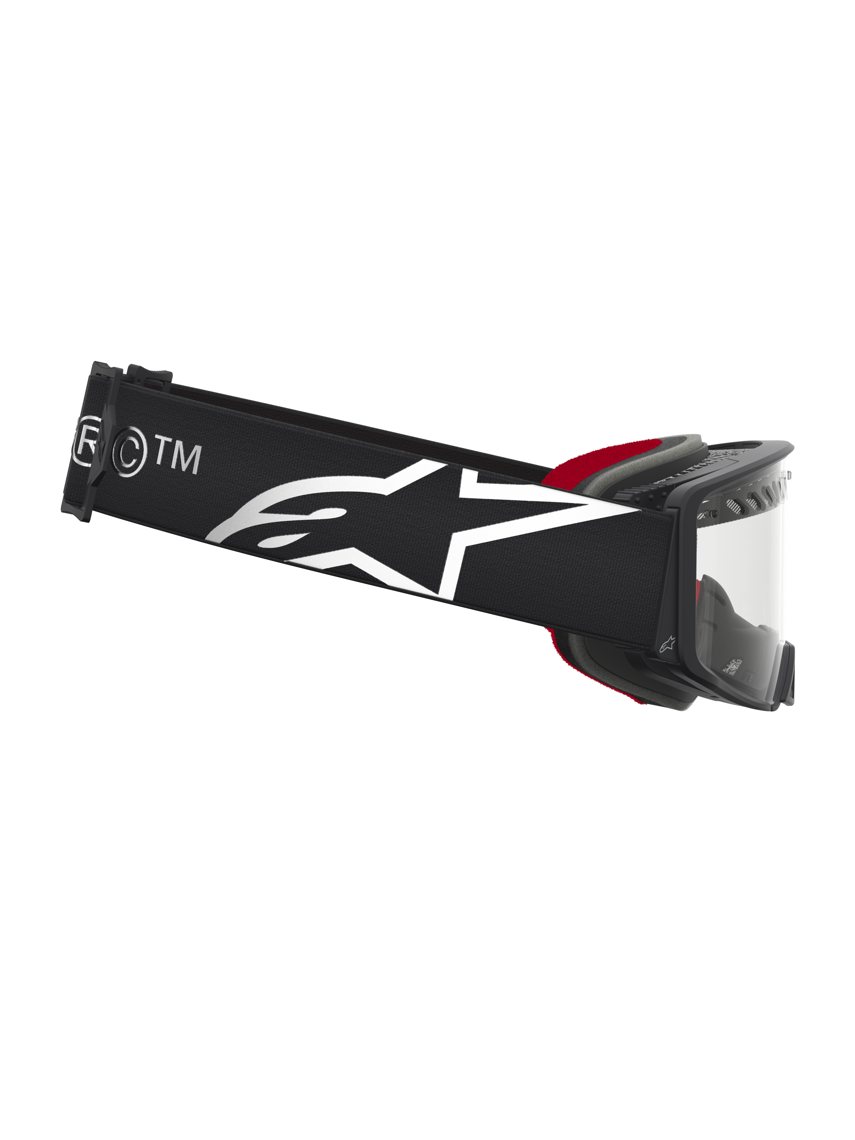 Alpinestars Supertech Dura Air Fluid Goggles, Motocross Racing Goggles, Black and Silver, clear lens with branded logo strap.