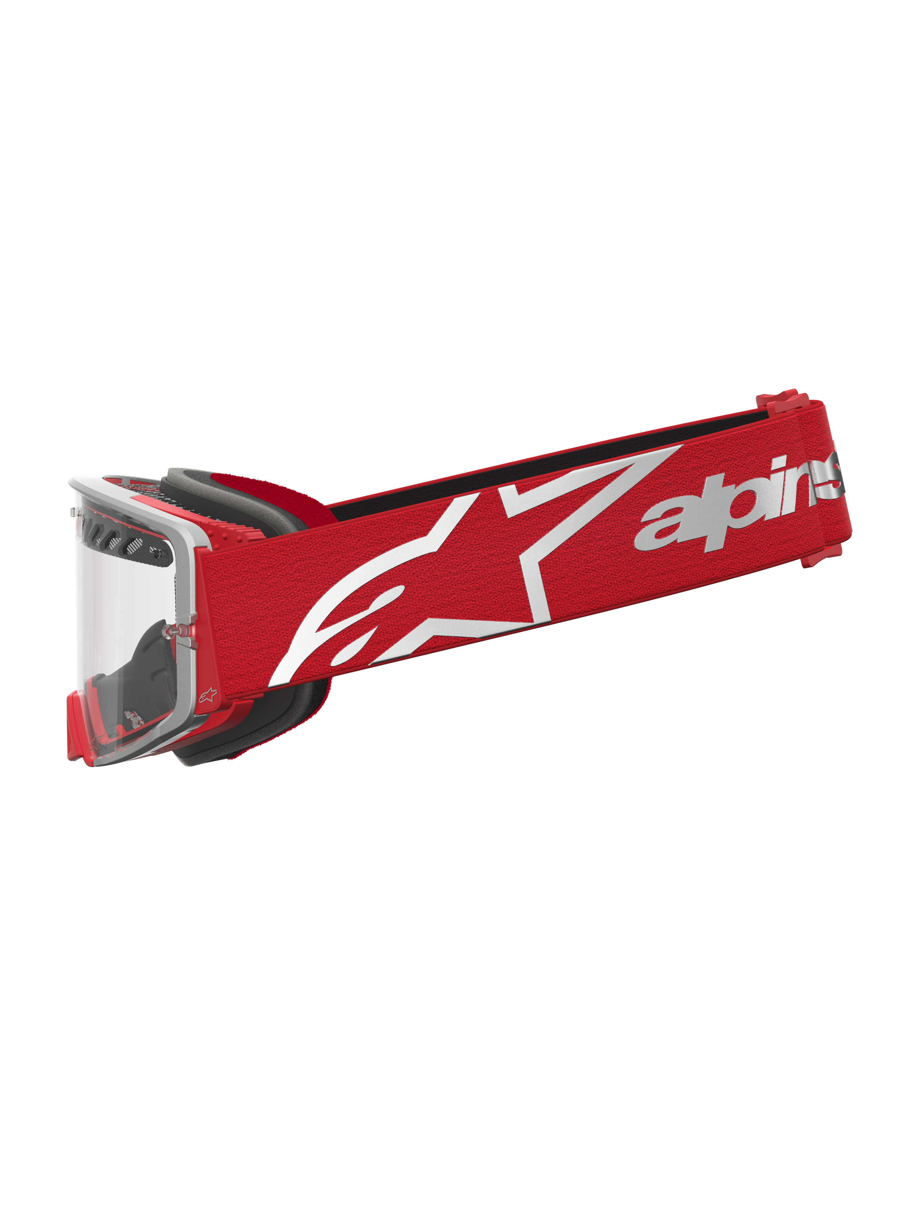 Alpinestars Supertech Dura Air Fluid Goggles, Motocross racing eyewear, Red and Silver, clear lens, white logo strap.