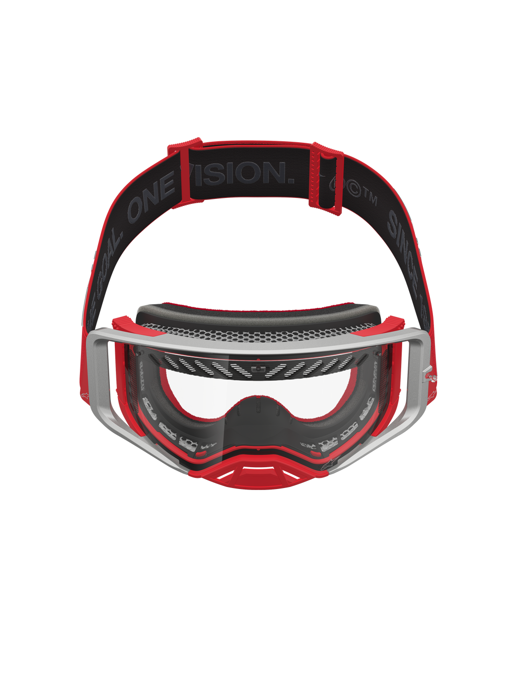Alpinestars Supertech Dura Air Fluid Goggles, Red and Silver Motocross Goggles with a clear lens and advanced airflow system.