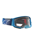 Alpinestars Supertech Dura Air Fluid Goggles for Motocross, Blue and Silver with a clear lens and ventilated plastic frame.