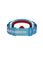 Alpinestars Supertech Dura Air Fluid Goggles for motocross, blue and silver frame with a clear lens and adjustable logo strap.