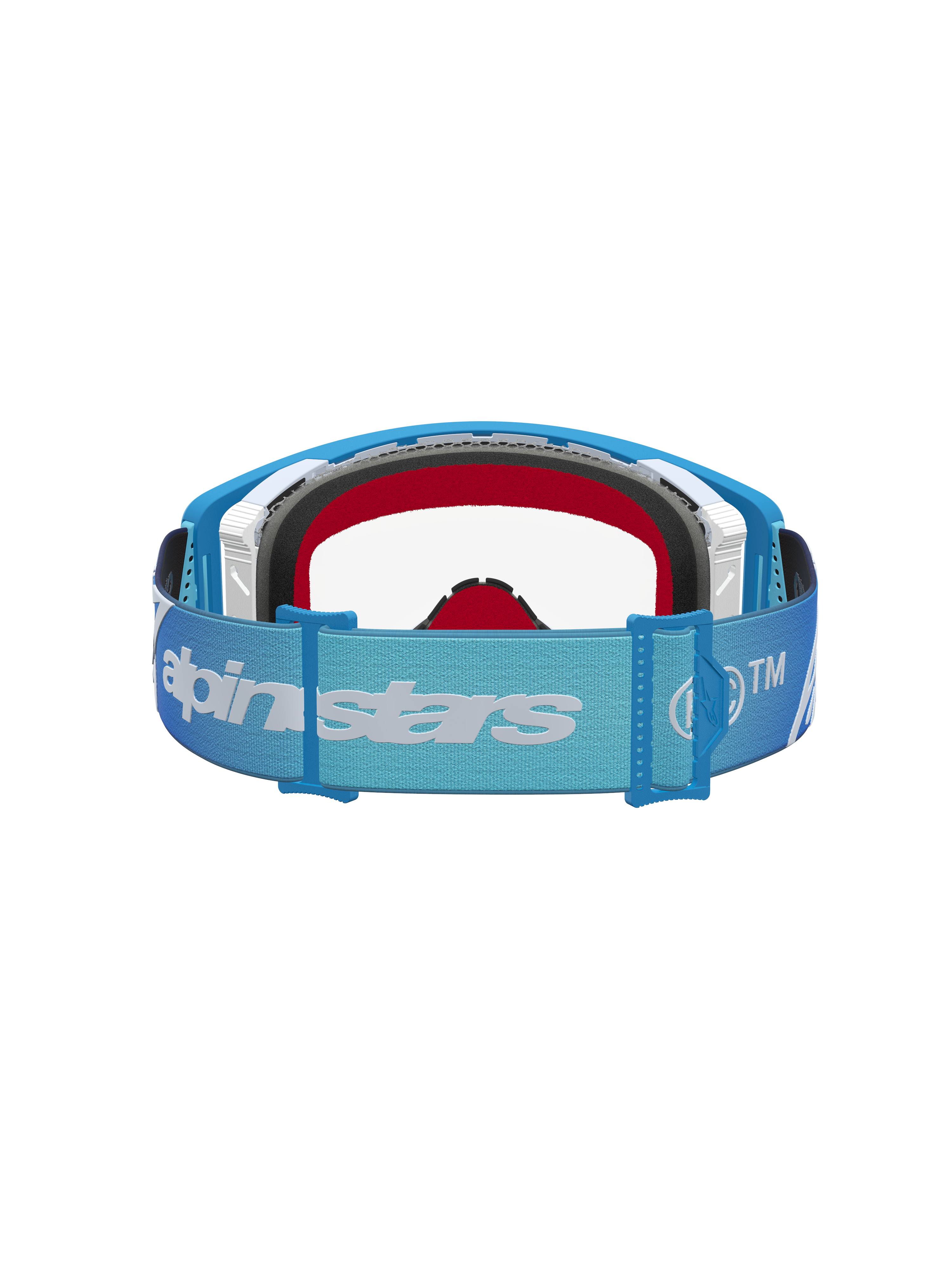 Alpinestars Supertech Dura Air Fluid Goggles for motocross, blue and silver frame with a clear lens and adjustable logo strap.