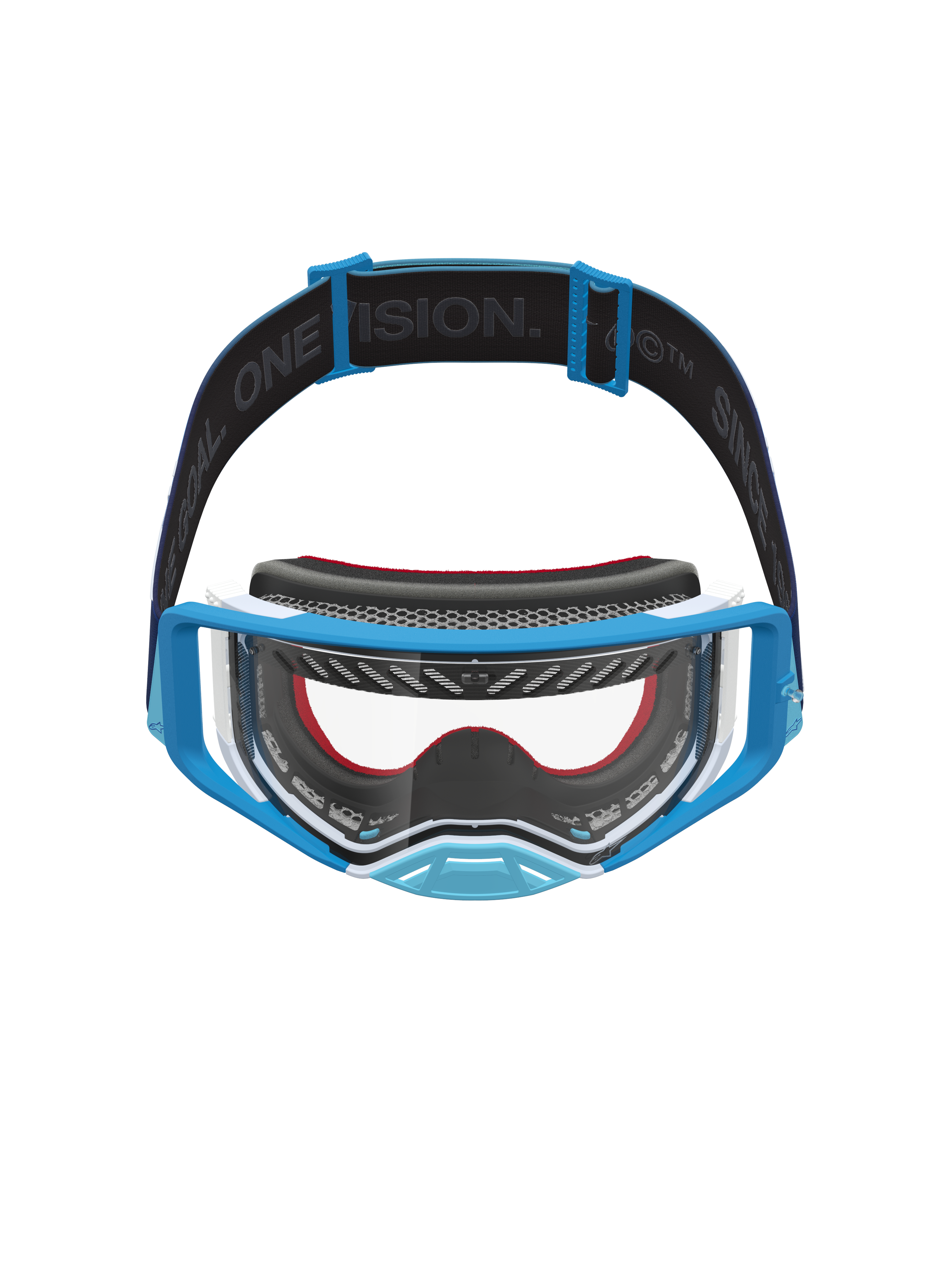 Alpinestars Supertech Dura Air Fluid Goggles in blue and white, with a clear lens and branded strap for motocross racing.