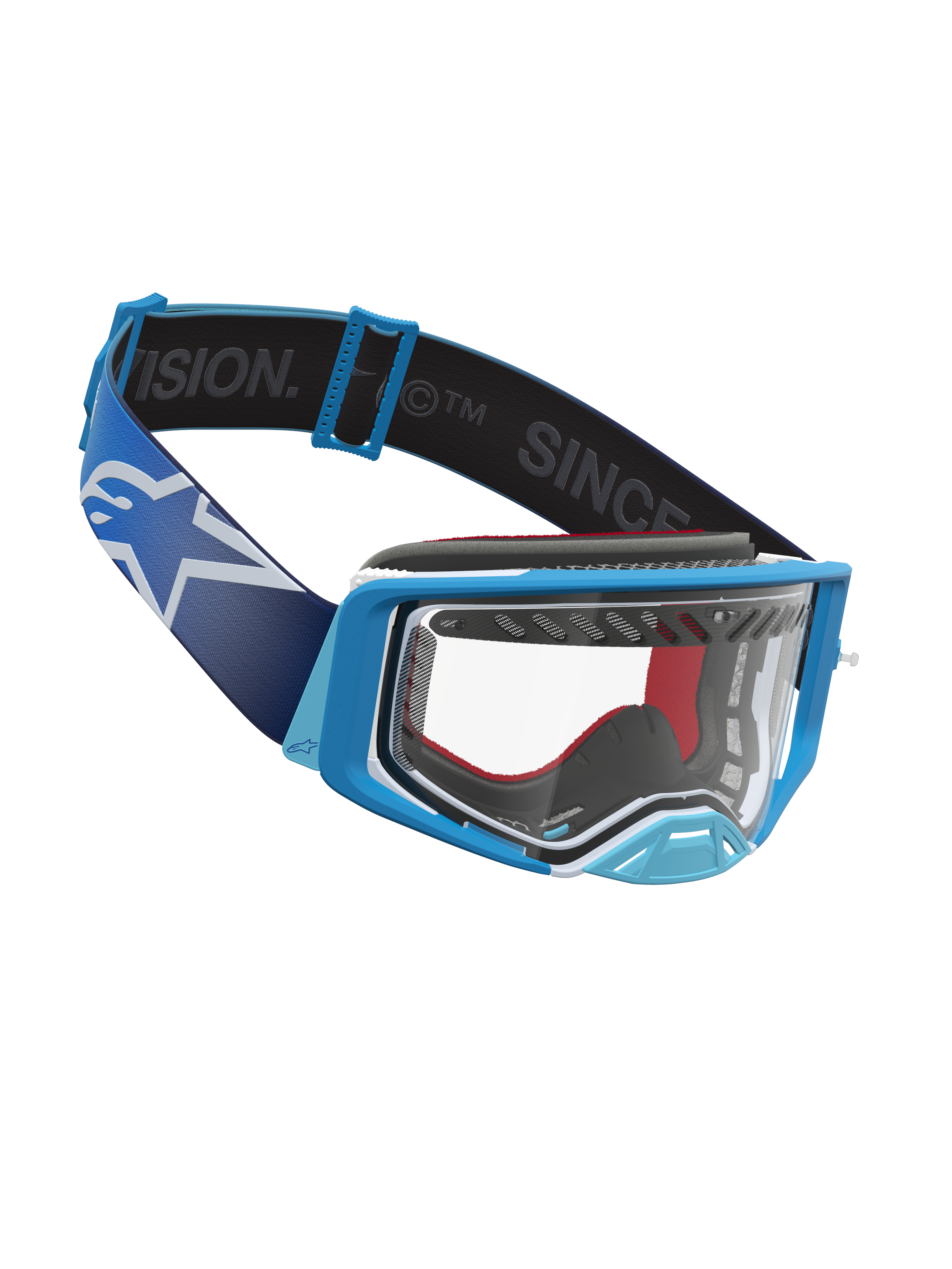 Alpinestars Supertech Dura Air Fluid Goggles, motocross racing, blue and white, clear polycarbonate lens, wide strap.
