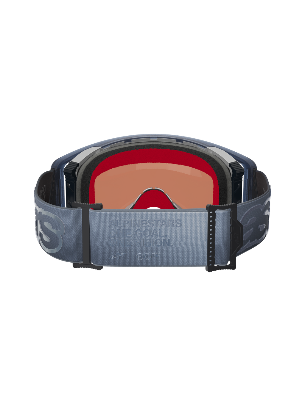 Alpinestars Supertech Vision Vista Goggles, sedda bakifrån, blågrått justerbart band med präglad 'ONE GOAL. ONE VISION.'-text, svart ansiktsskum i flera lager, invändig vy av den tonade linsen, designade för motocrossprestanda