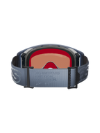 Alpinestars Supertech Vision Vista Goggles, sedda bakifrån, blågrått justerbart band med präglad 'ONE GOAL. ONE VISION.'-text, svart ansiktsskum i flera lager, invändig vy av den tonade linsen, designade för motocrossprestanda