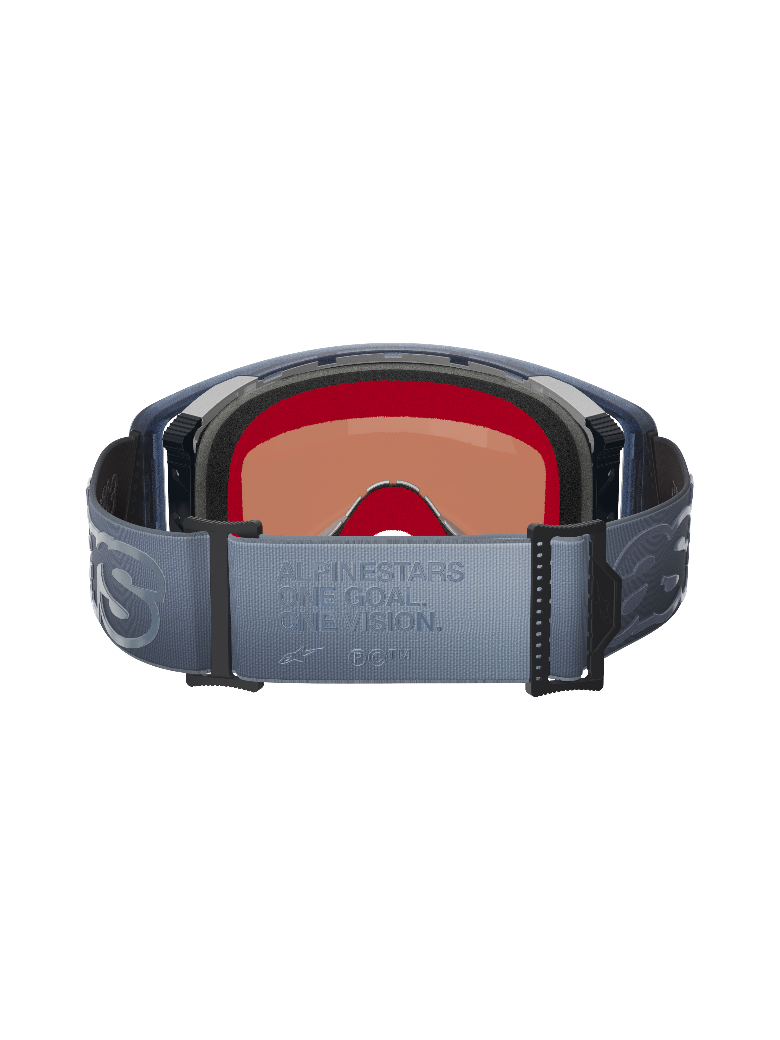 Alpinestars Supertech Vision Vista Goggles, sedda bakifrån, blågrått justerbart band med präglad 'ONE GOAL. ONE VISION.'-text, svart ansiktsskum i flera lager, invändig vy av den tonade linsen, designade för motocrossprestanda
