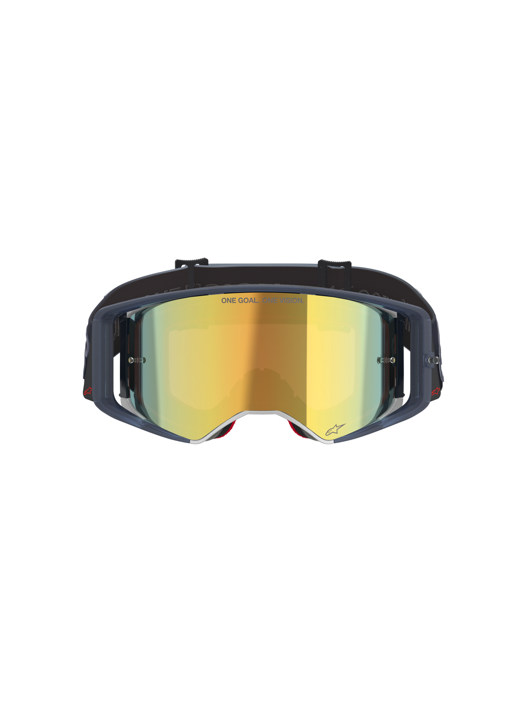 Alpinestars Supertech Vision Vista-goggles, motocrossglasögon, Black Mirror Gold, vy framifrån med guld-spegellins och mörk ram, professionella glasögon för terrängkörning med texten "ONE GOAL. ONE VISION." och logotypdetaljer