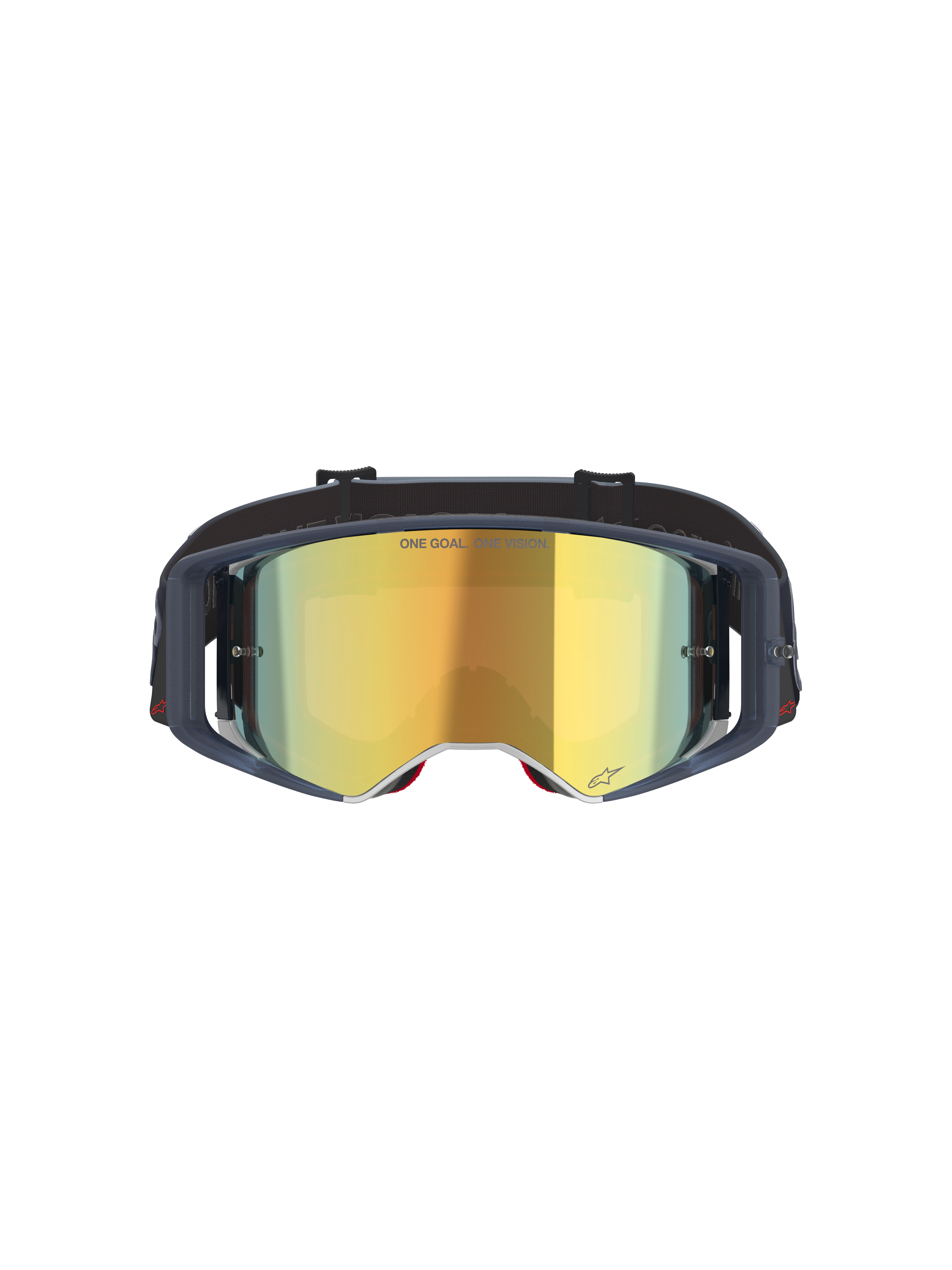 Alpinestars Supertech Vision Vista-goggles, motocrossglasögon, Black Mirror Gold, vy framifrån med guld-spegellins och mörk ram, professionella glasögon för terrängkörning med texten "ONE GOAL. ONE VISION." och logotypdetaljer