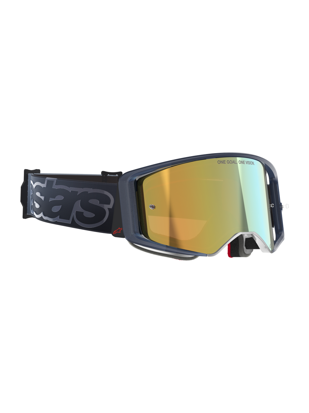Alpinestars Supertech Vision Vista Goggles, motocrossglasögon, Black Mirror Gold, guldpeglat glas med 'ONE GOAL. ONE VISION.'-inskription, mörk ram med röd logotypdetalj, brett svart band med grå 'stars'-branding, högpresterande skyddsglasögon för terrängkörning