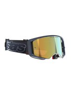 Alpinestars Supertech Vision Vista Goggles, motocrossglasögon, Black Mirror Gold, guldpeglat glas med 'ONE GOAL. ONE VISION.'-inskription, mörk ram med röd logotypdetalj, brett svart band med grå 'stars'-branding, högpresterande skyddsglasögon för terrängkörning