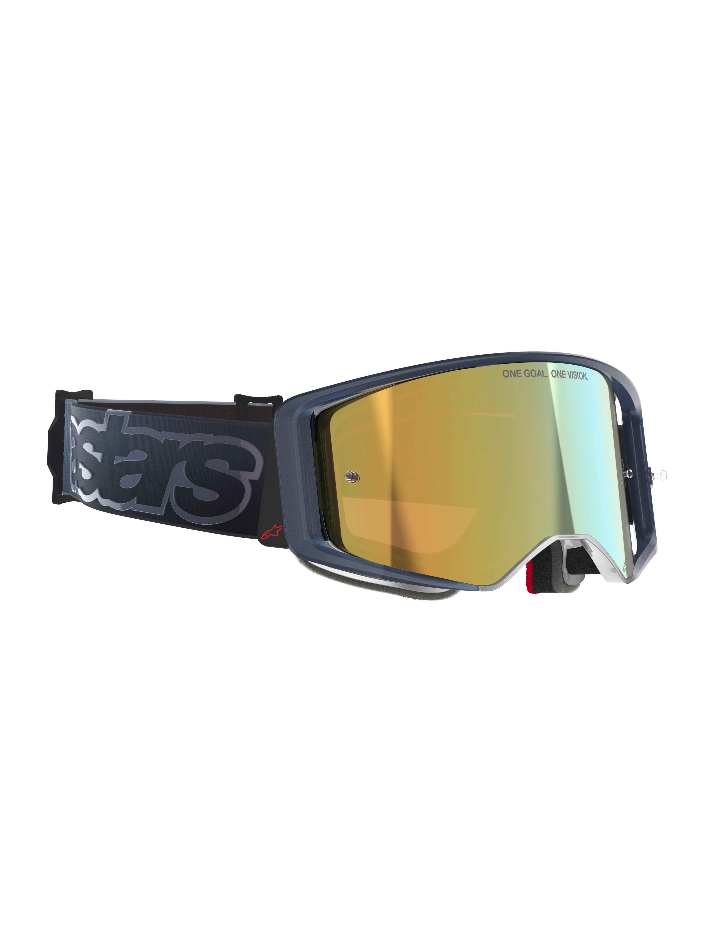 Alpinestars Supertech Vision Vista Goggles, motocrossglasögon, Black Mirror Gold, guldpeglat glas med 'ONE GOAL. ONE VISION.'-inskription, mörk ram med röd logotypdetalj, brett svart band med grå 'stars'-branding, högpresterande skyddsglasögon för terrängkörning