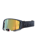 Alpinestars Supertech Vision Vista Goggles, motocross-goggles, färgkombinationen Black Mirror Gold, mörk transparent ram, guldspegellins med texten ”ONE GOAL. ONE VISION.”, svart rem med stor präglad grå ”astars”-logotyp