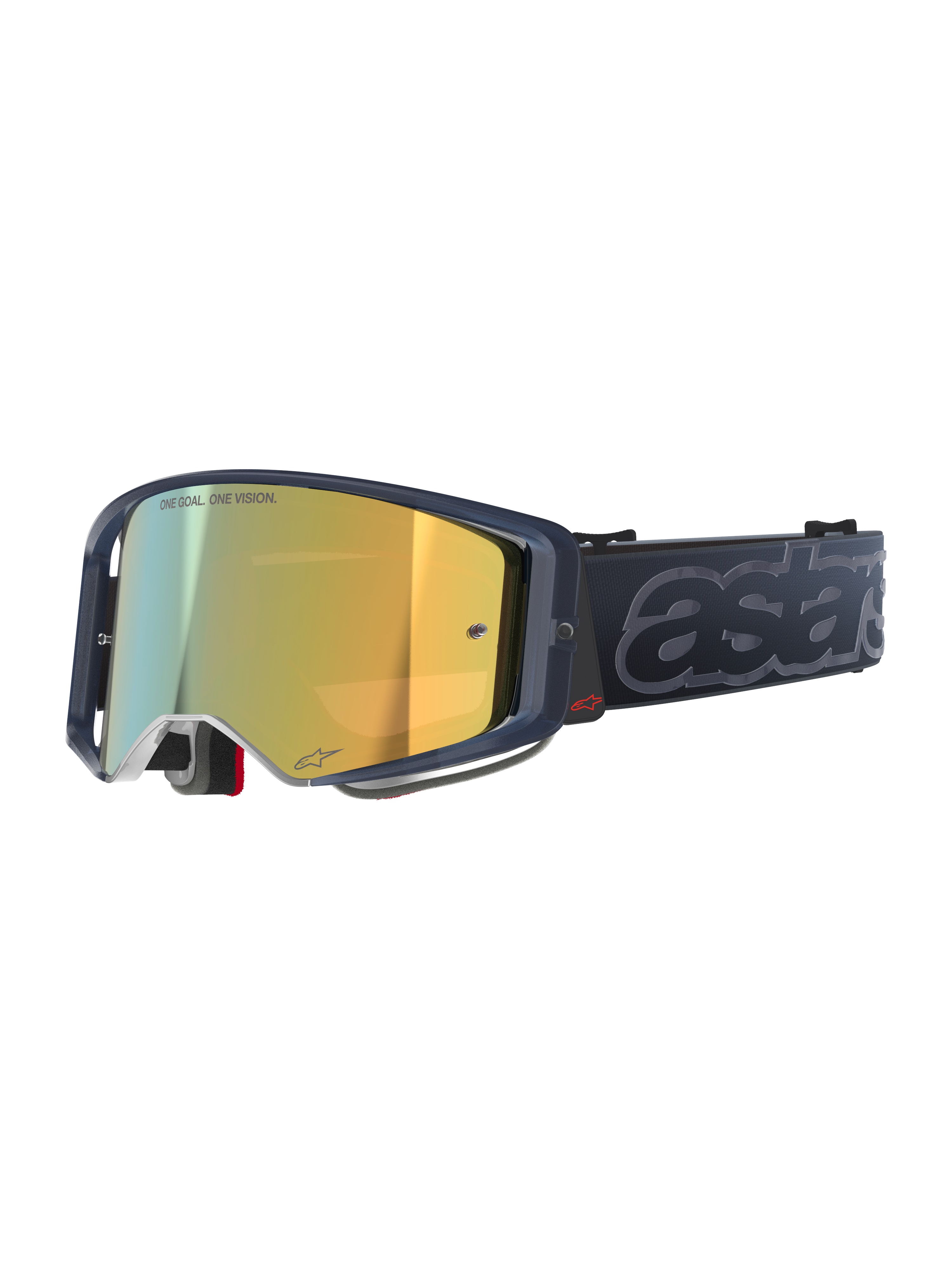 Alpinestars Supertech Vision Vista Goggles, motocross-goggles, färgkombinationen Black Mirror Gold, mörk transparent ram, guldspegellins med texten ”ONE GOAL. ONE VISION.”, svart rem med stor präglad grå ”astars”-logotyp