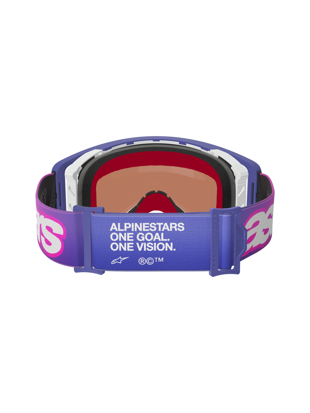 Alpinestars Supertech Vision Vista Goggles, Purple Fluo Pink Mirror Blue, vy bakifrån som visar elastiskt band med vit text "ALPINESTARS ONE GOAL. ONE VISION.", rosa Astar-logotyper, lila ram med tjock skumvaddering, professionella motocrossglasögon för terrängkörning