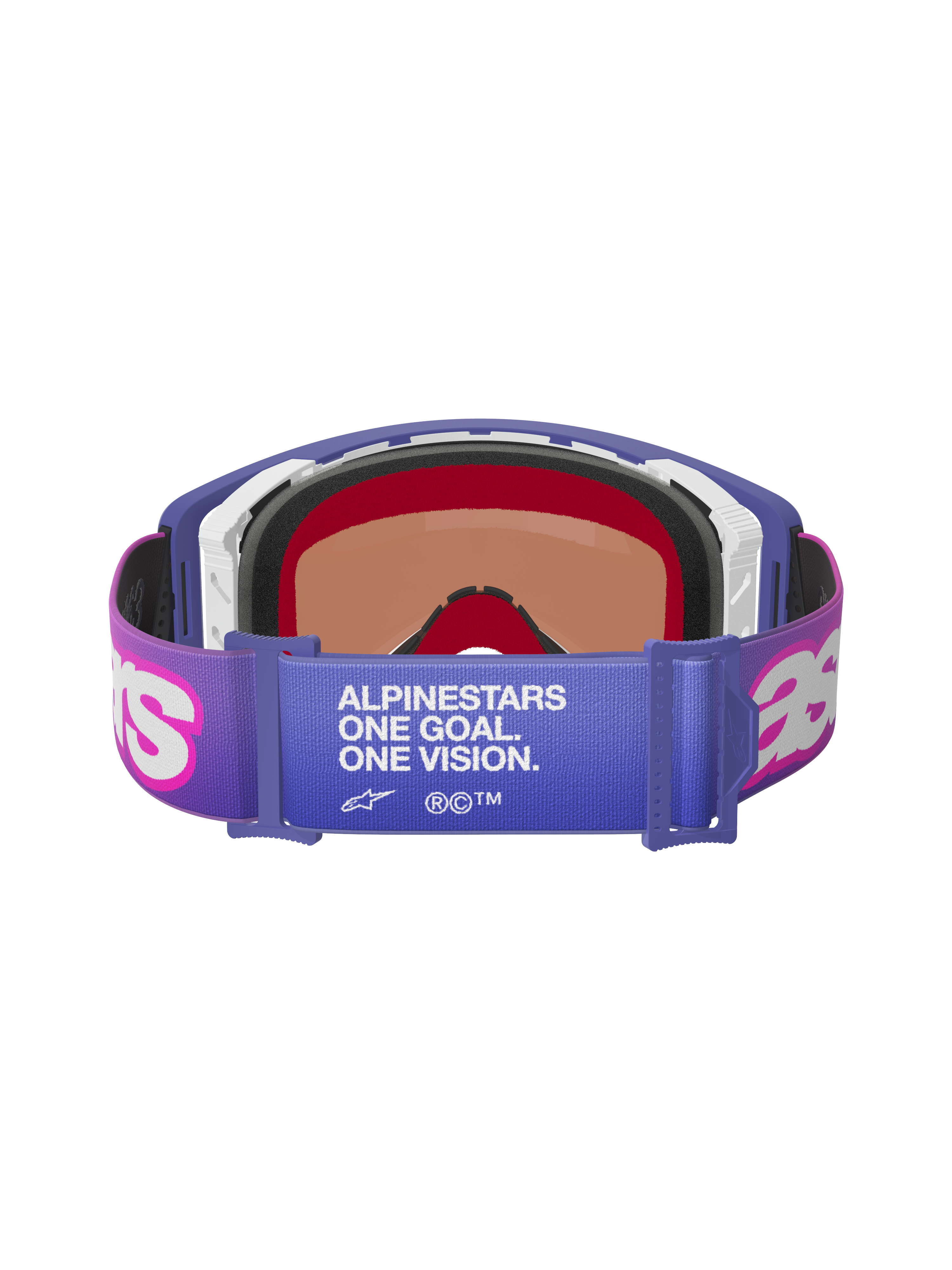 Alpinestars Supertech Vision Vista Goggles, Purple Fluo Pink Mirror Blue, vy bakifrån som visar elastiskt band med vit text "ALPINESTARS ONE GOAL. ONE VISION.", rosa Astar-logotyper, lila ram med tjock skumvaddering, professionella motocrossglasögon för terrängkörning