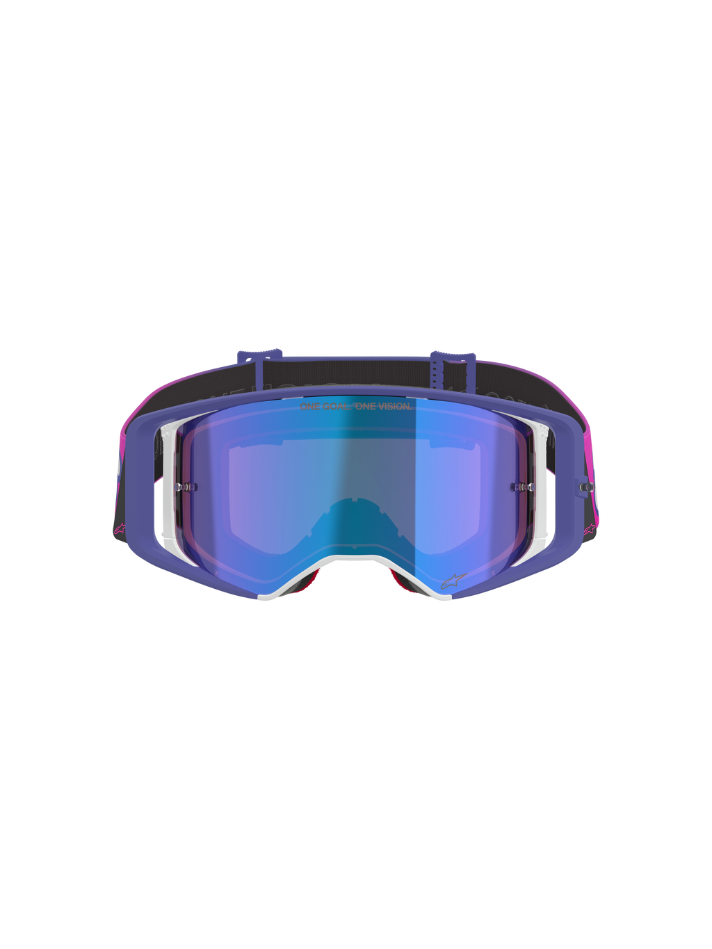 Alpinestars Supertech Vision Vista-goggles, motocrossglasögon, lila, fluorosa och spegelblå, vy framifrån med spegelblå tonad lins, lila ram med vita detaljer och en stark rosa och svart rem med Alpinestars logotyp