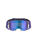 Alpinestars Supertech Vision Vista-goggles, motocrossglasögon, lila, fluorosa och spegelblå, vy framifrån med spegelblå tonad lins, lila ram med vita detaljer och en stark rosa och svart rem med Alpinestars logotyp
