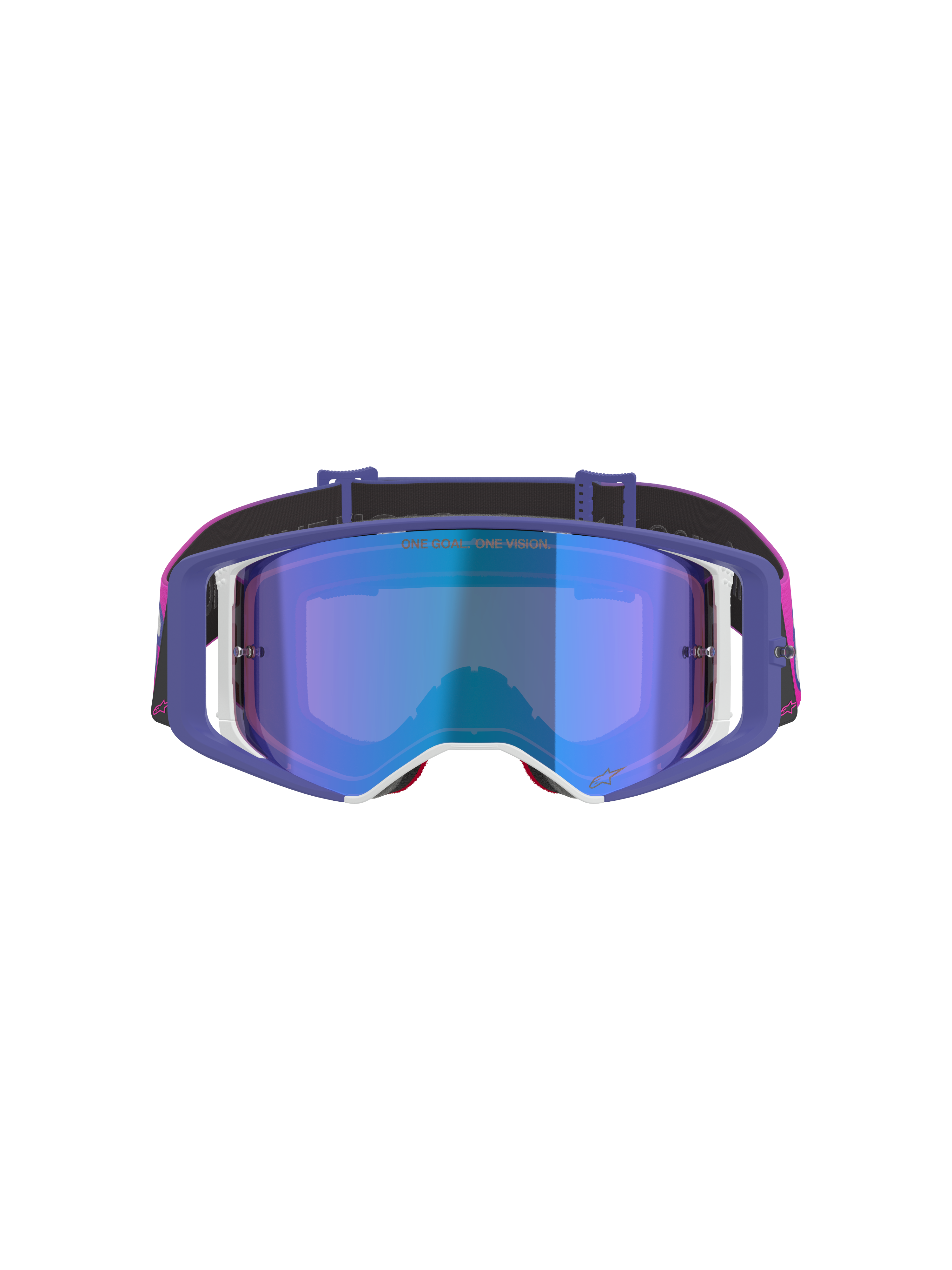 Alpinestars Supertech Vision Vista-goggles, motocrossglasögon, lila, fluorosa och spegelblå, vy framifrån med spegelblå tonad lins, lila ram med vita detaljer och en stark rosa och svart rem med Alpinestars logotyp