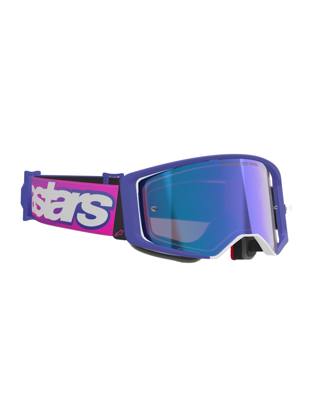 Alpinestars Supertech Vision Vista goggles, motocrossglasögon, lila och fluorescerande rosa ram med spegelblå reflekterande lins, rosa band med tydlig vit Alpinestars-logotyp, professionella glasögon för terrängkörning