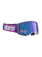 Alpinestars Supertech Vision Vista goggles, motocrossglasögon, lila och fluorescerande rosa ram med spegelblå reflekterande lins, rosa band med tydlig vit Alpinestars-logotyp, professionella glasögon för terrängkörning