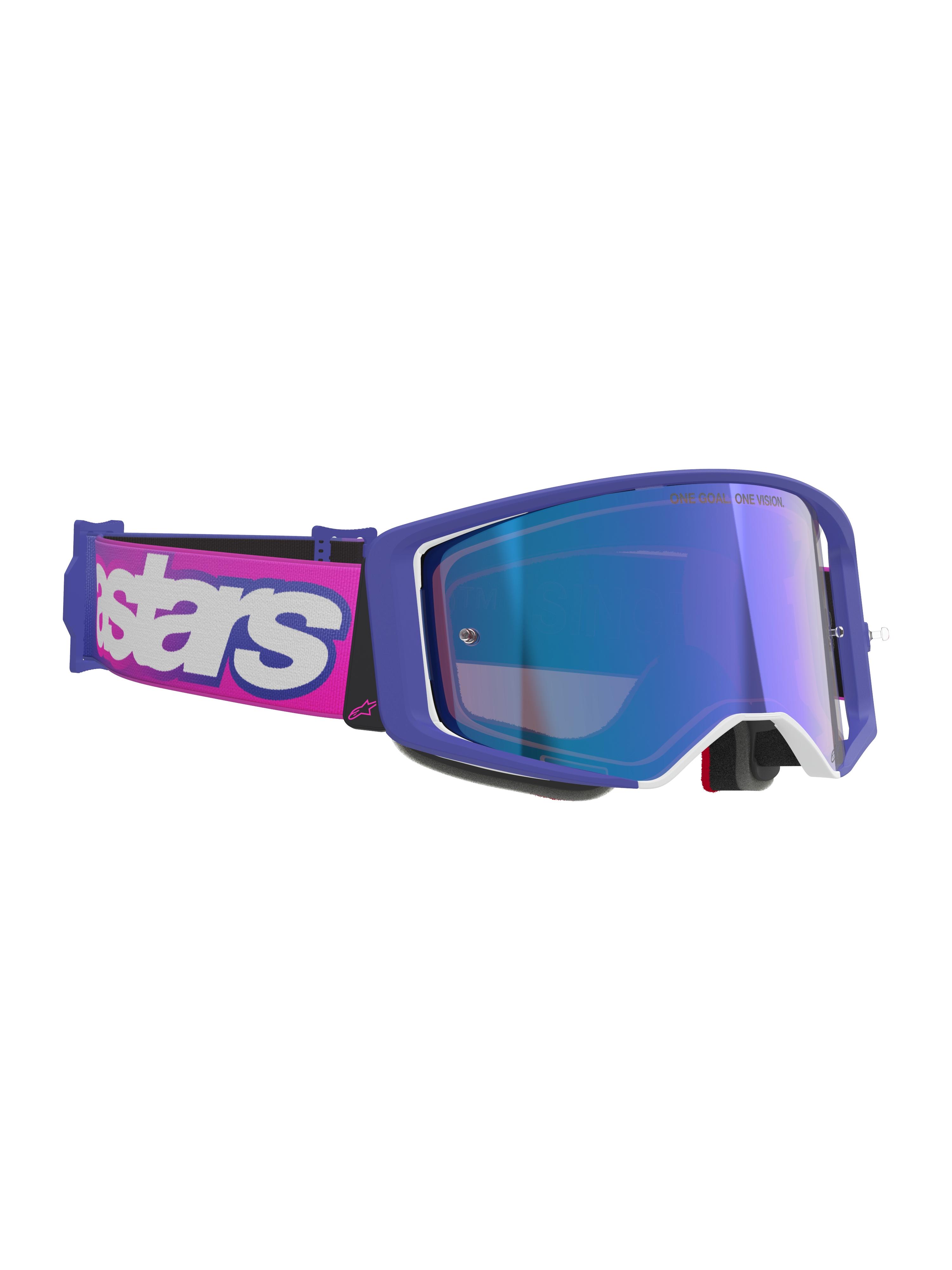 Alpinestars Supertech Vision Vista goggles, motocrossglasögon, lila och fluorescerande rosa ram med spegelblå reflekterande lins, rosa band med tydlig vit Alpinestars-logotyp, professionella glasögon för terrängkörning