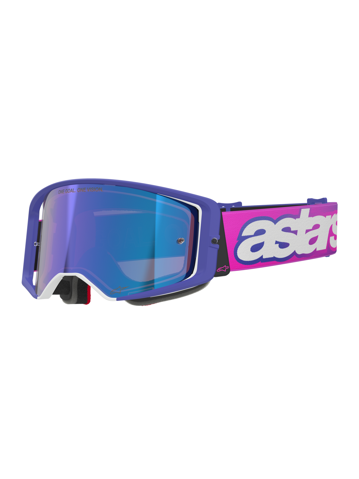 Alpinestars Supertech Vision Vista Goggles, Motocross Goggles, Purple frame with white accents and blue mirror lens, fluo pink strap with bold white 'astars' branding, professional off-road racing eyewear