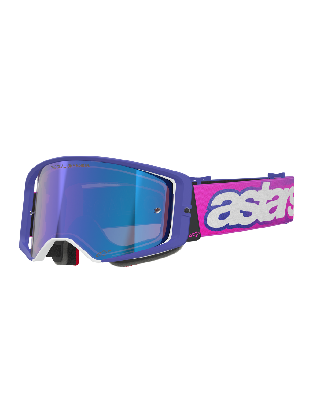 Alpinestars Supertech Vision Vista Goggles, motocrossglasögon, lila ram med vita detaljer och blå spegellins, neonrosa band med tydlig vit 'astars'-logotyp, professionella racingglasögon för terrängkörning