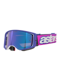 Alpinestars Supertech Vision Vista Goggles, motocrossglasögon, lila ram med vita detaljer och blå spegellins, neonrosa band med tydlig vit 'astars'-logotyp, professionella racingglasögon för terrängkörning