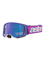 Alpinestars Supertech Vision Vista Goggles, motocrossglasögon, lila ram med vita detaljer och blå spegellins, neonrosa band med tydlig vit 'astars'-logotyp, professionella racingglasögon för terrängkörning