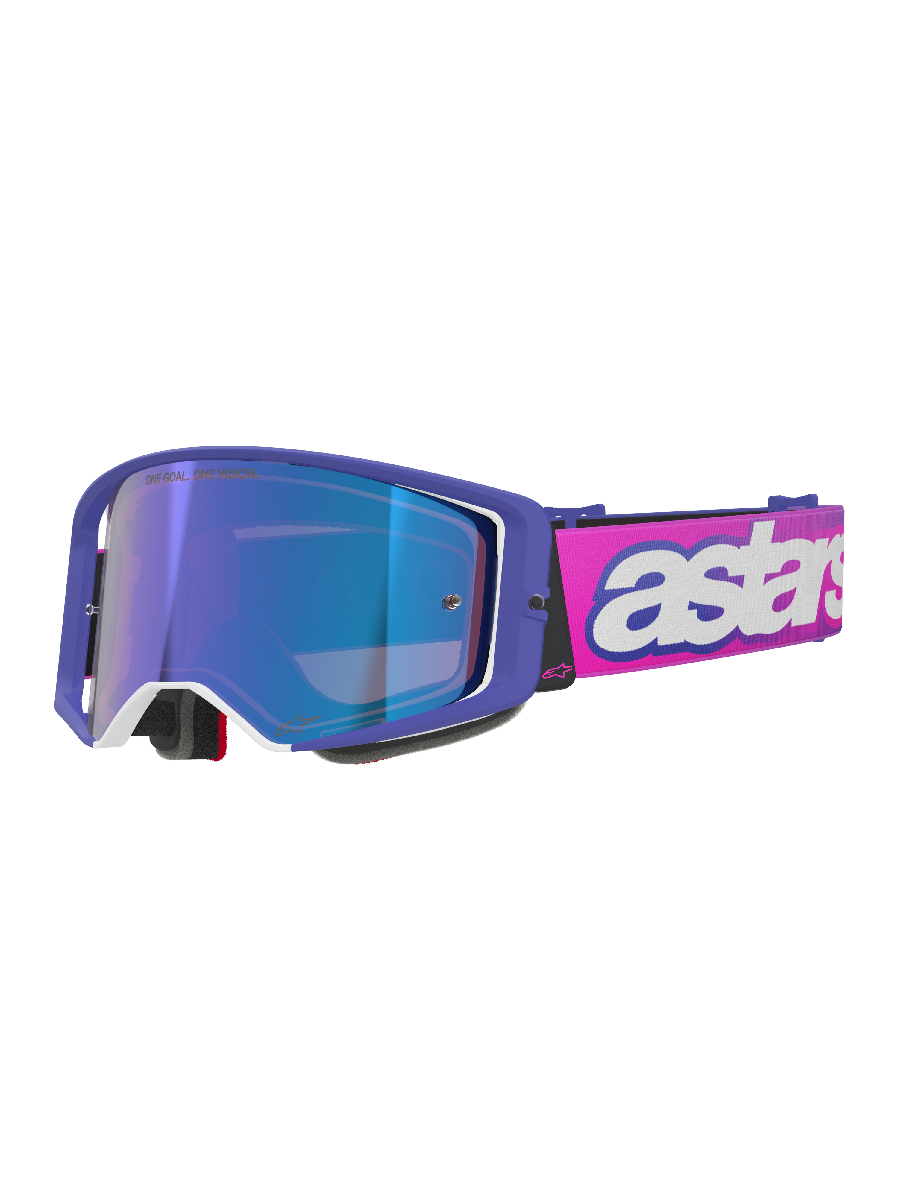Alpinestars Supertech Vision Vista Goggles, motocrossglasögon, lila ram med vita detaljer och blå spegellins, neonrosa band med tydlig vit 'astars'-logotyp, professionella racingglasögon för terrängkörning