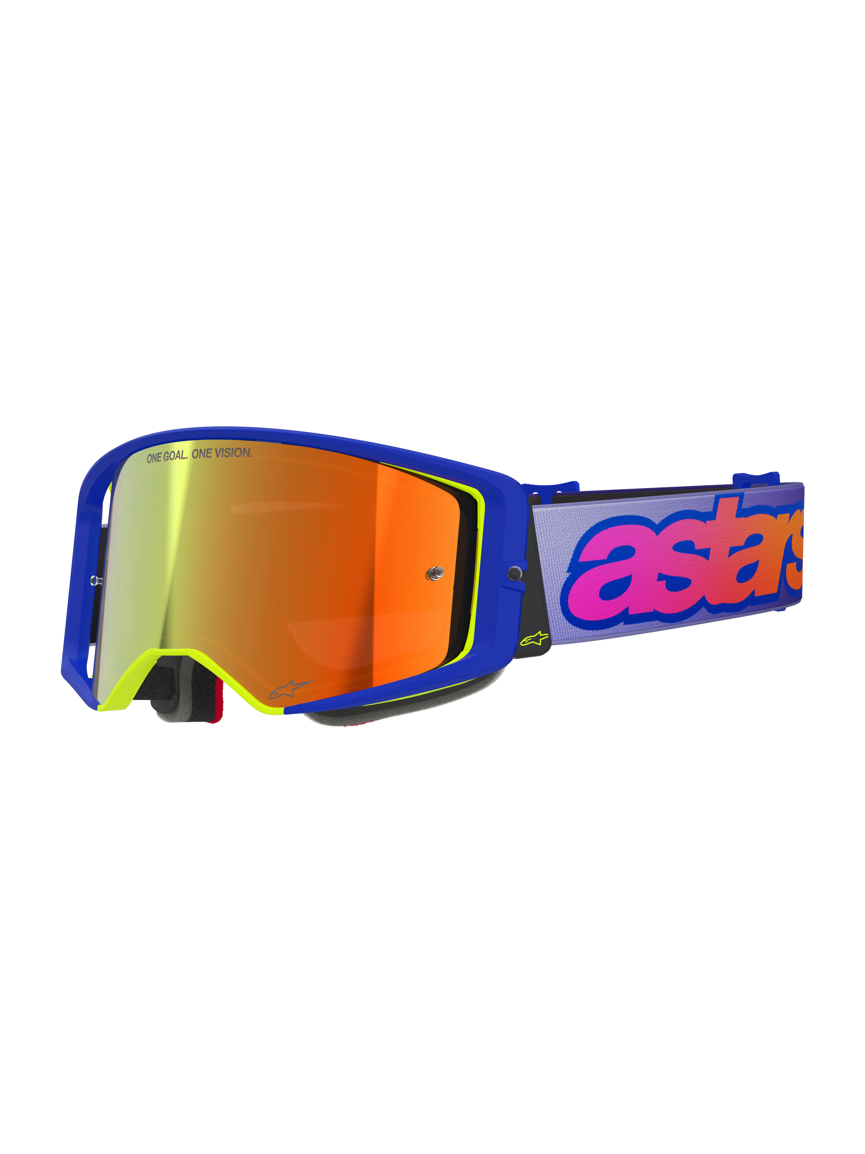 Alpinestars Supertech Vision Vista goggles, motocrossglasögon, blå ram med neongula detaljer, orange-röd spegellins, ljuslila band med rosa och orange 'astars'-logotyp, 'ONE GOAL. ONE VISION.' text på linsen
