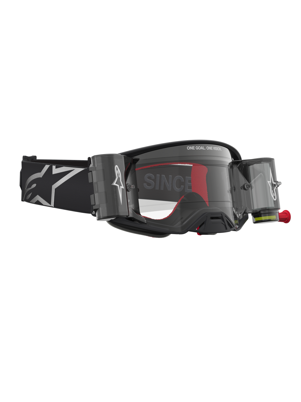 Alpinestars Supertech Firma Roll Off Goggles, motocrossglasögon för terrängkörning, svarta och silver med klart roll-off-system, professionell racingutrustning.