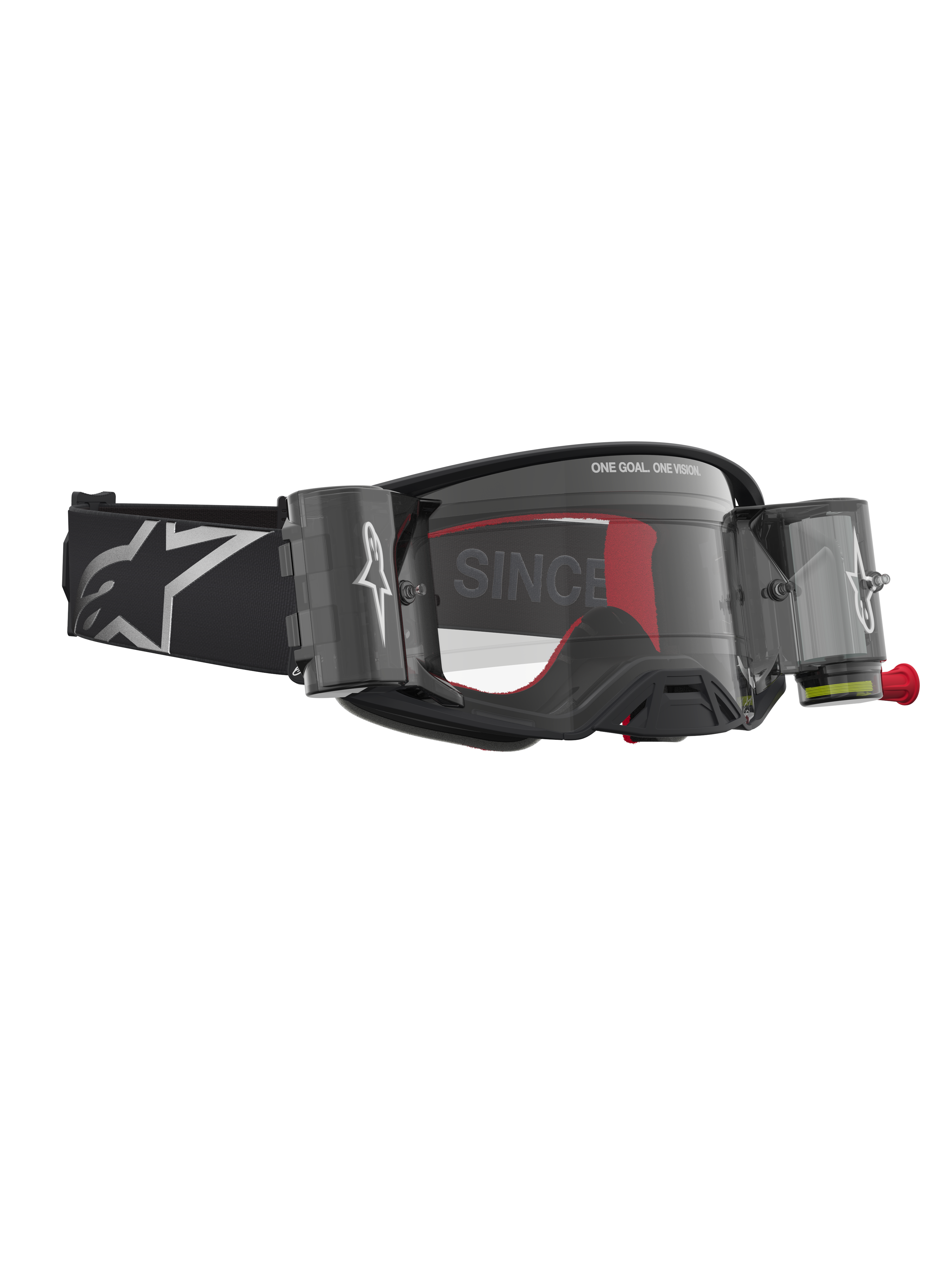 Alpinestars Supertech Firma Roll Off Goggles, motocrossglasögon för terrängkörning, svarta och silver med klart roll-off-system, professionell racingutrustning.