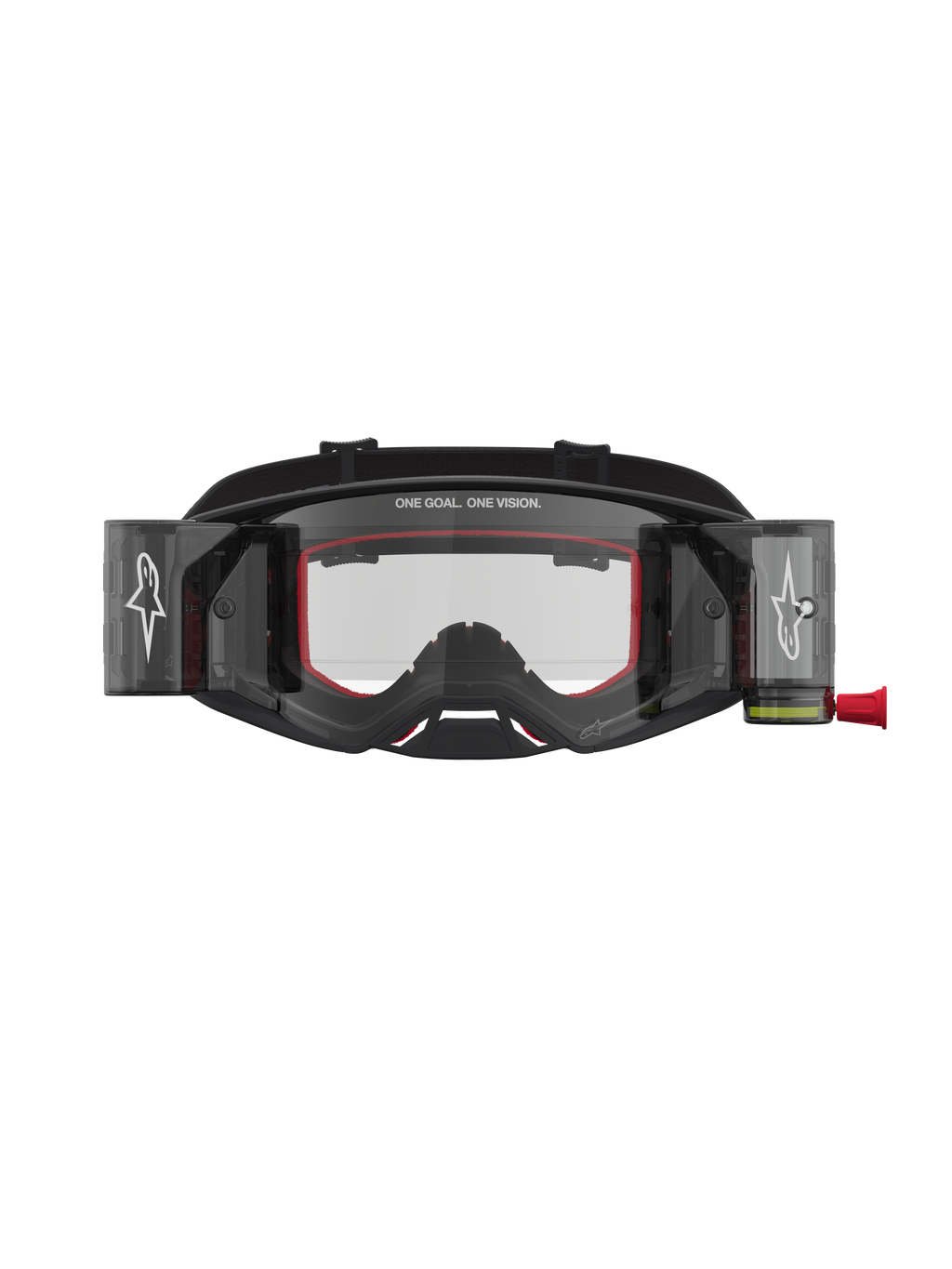 Alpinestars Supertech Firma Roll Off goggles, motocrossracing, svarta och silver med röda detaljer, klart roll-off-system.