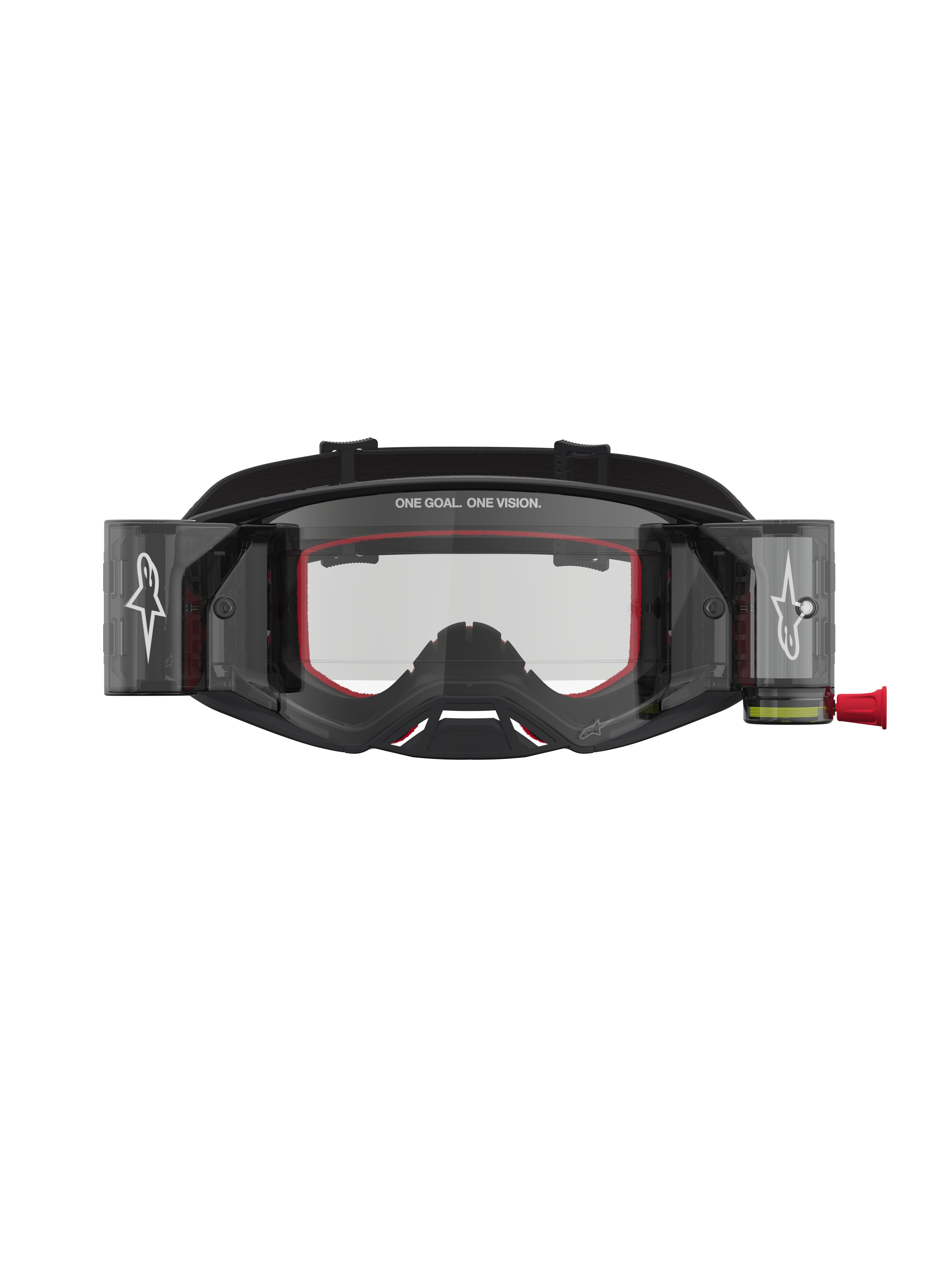 Alpinestars Supertech Firma Roll Off goggles, motocrossracing, svarta och silver med röda detaljer, klart roll-off-system.