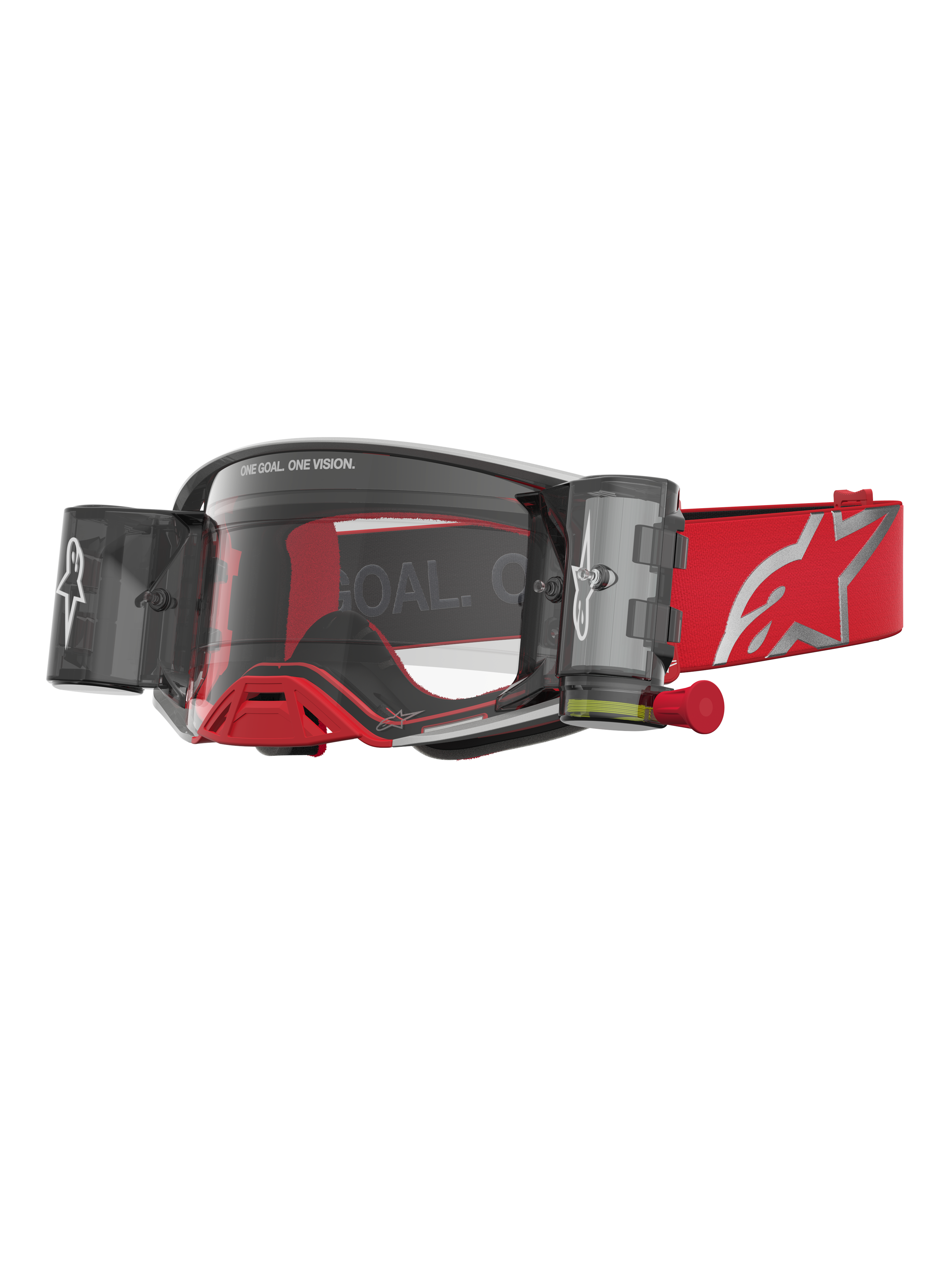 Alpinestars Supertech Firma Roll Off Goggles i rött och silver, motocrossglasögon med klara linser och roll-off-system.